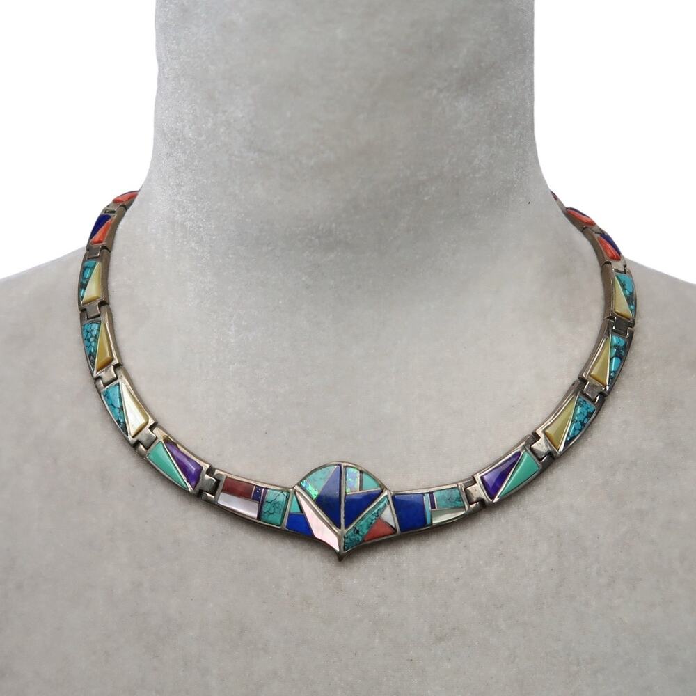 Vintage Native American Sterling Silver Turquoise Stone Inlay Choker Necklace